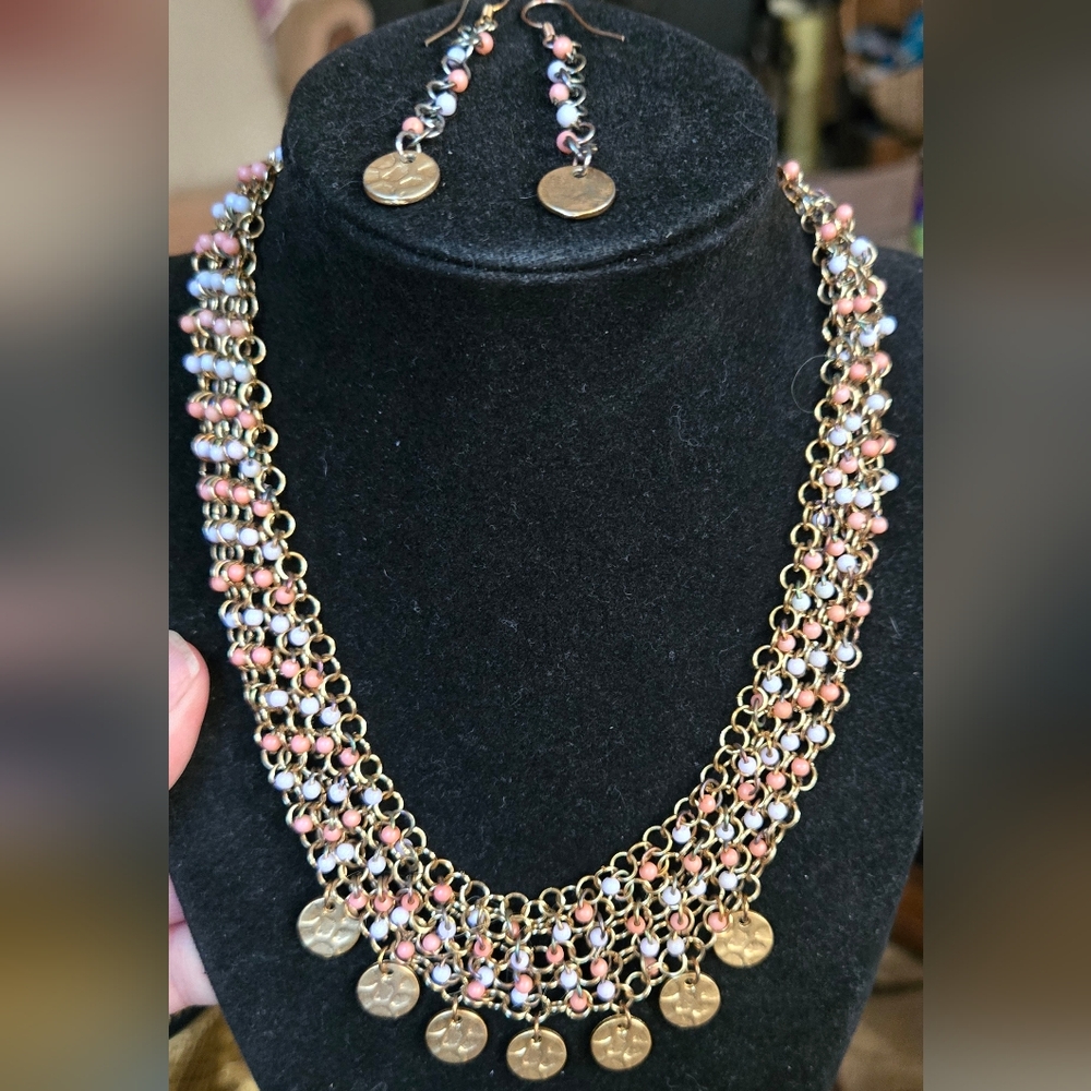 Handmade beaded peach & white statement necklace earrings set - Picture 2 of 8